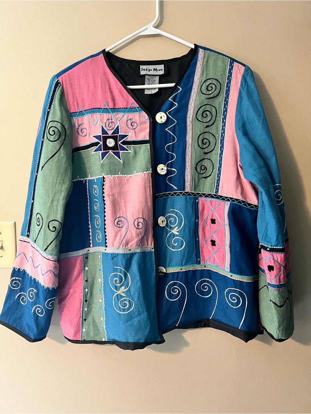 Vintage Indigo Moon patchwork cotton linen blend jacket long sleeves, embroidery